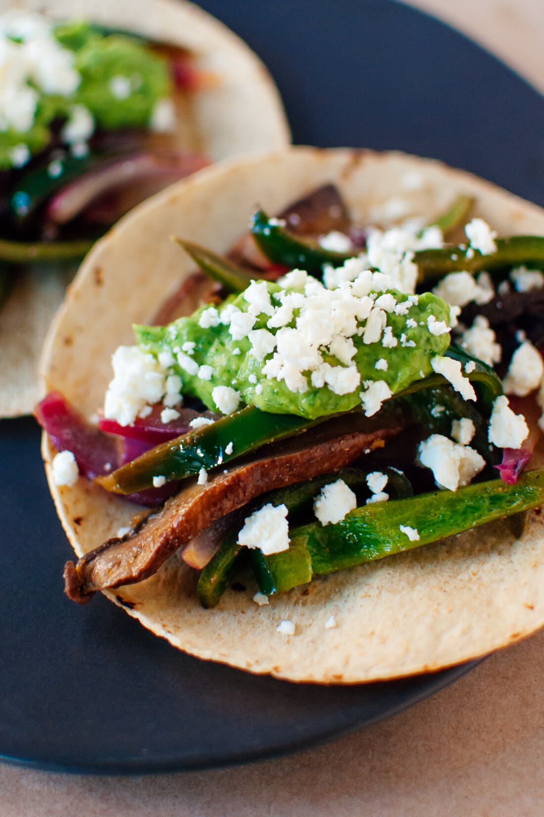 Portobello mushroom and poblano pepper fajitas Portobello mushroom and poblano pepper fajitas