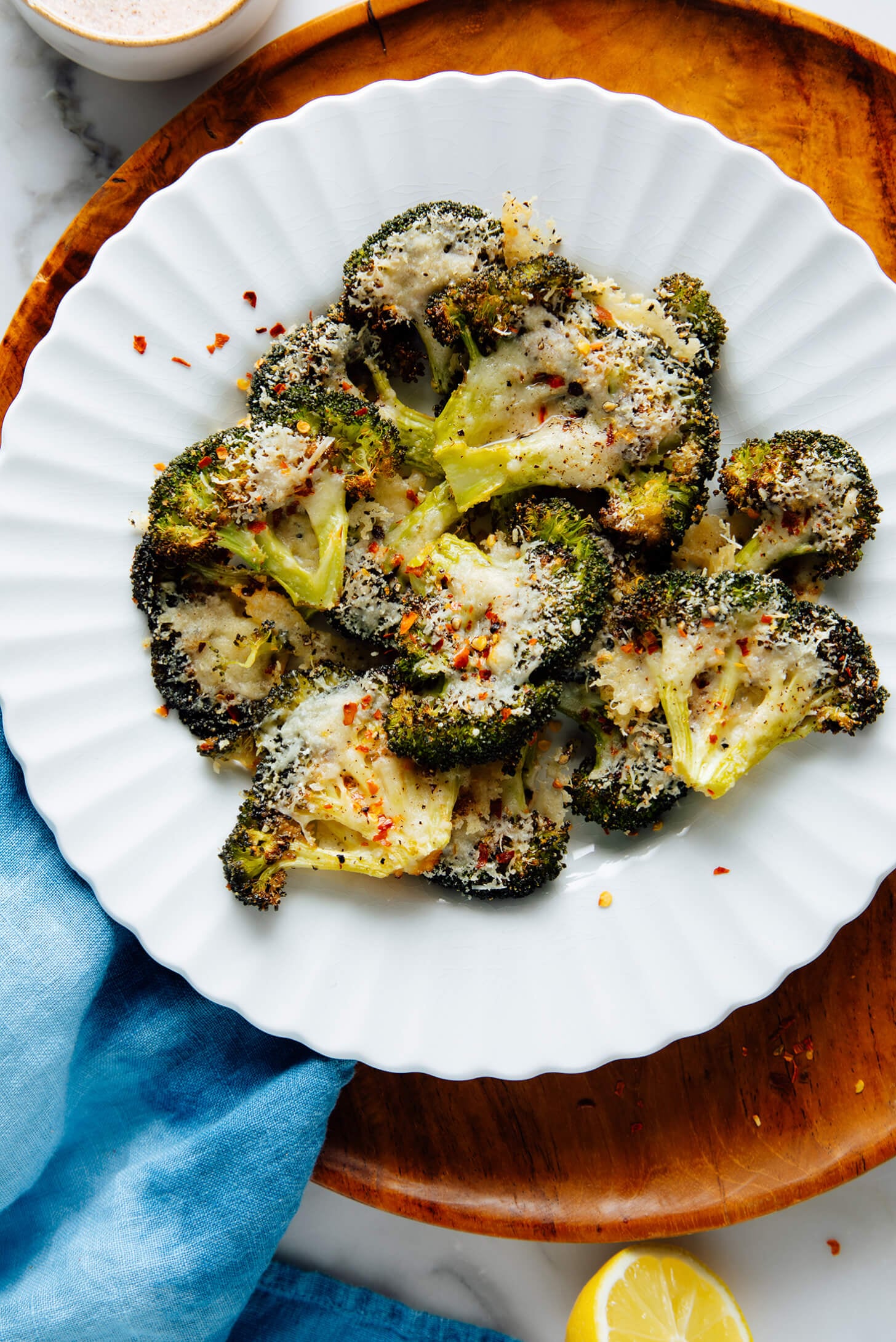 smashed broccoli on plate